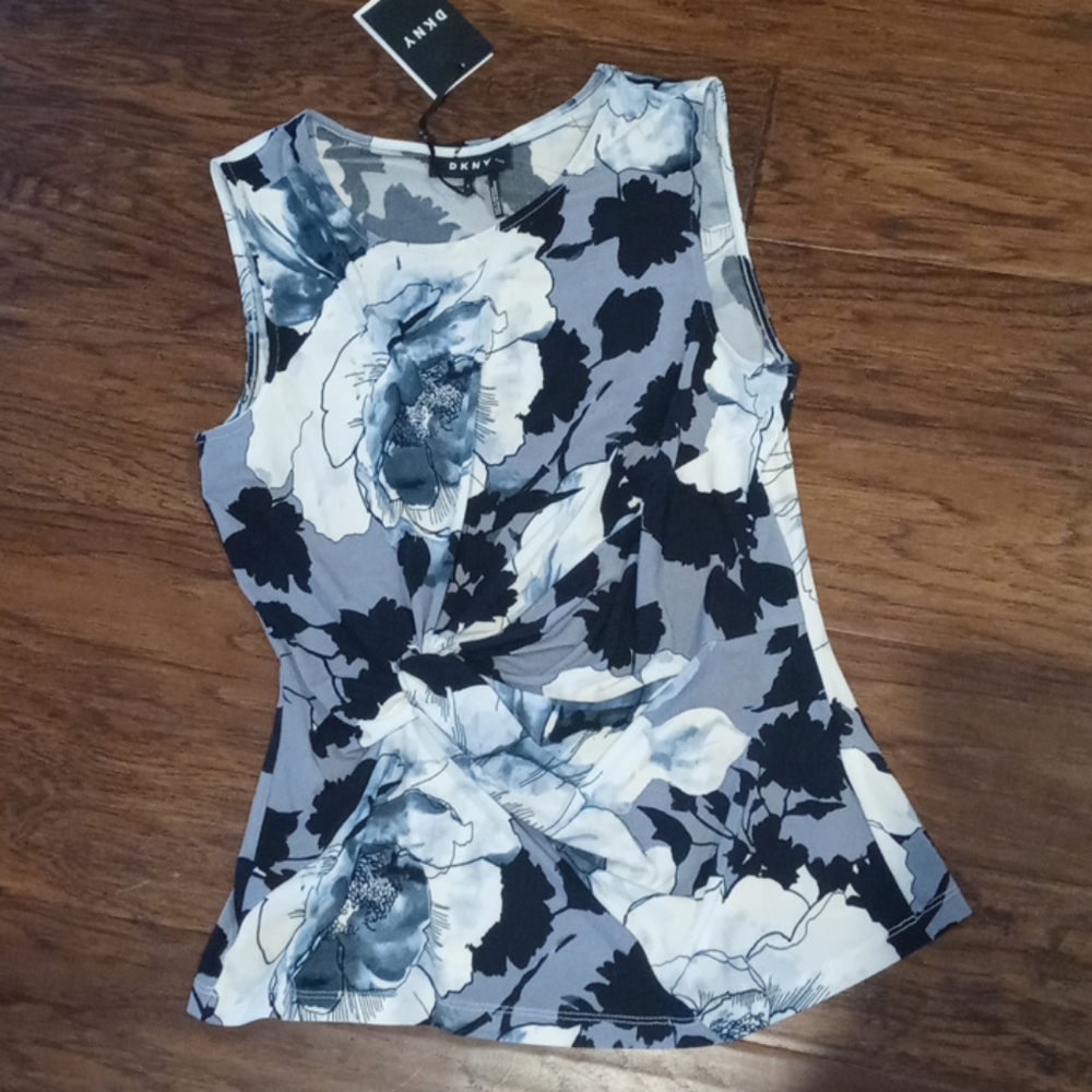 DKNY Black White Floral Sleeveless Blouse Tank Small New